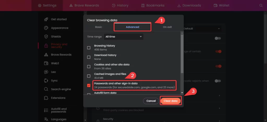 Clearing passwords from brave browser