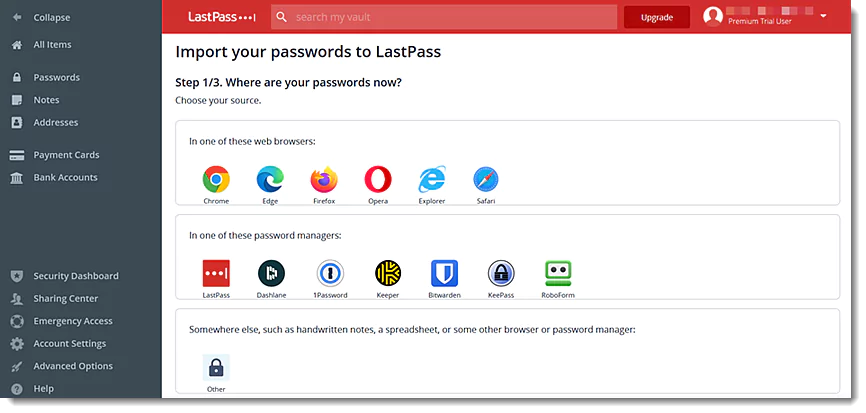 LastPass import password options