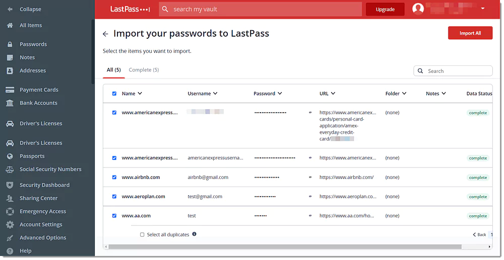 LastPass imported passwords