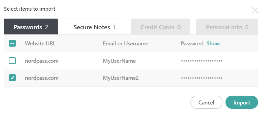 NordPass imported passwords