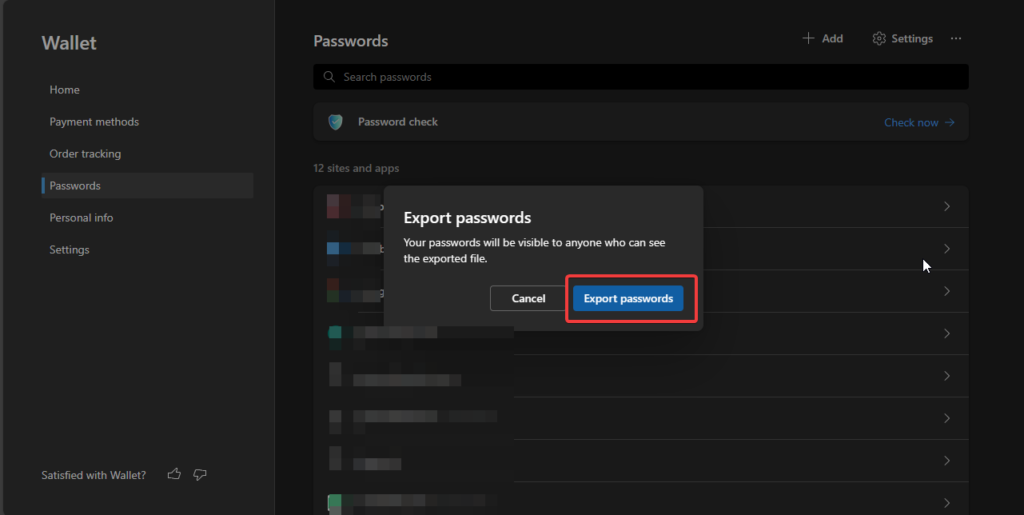 Clear export passwords from Microsoft Edge